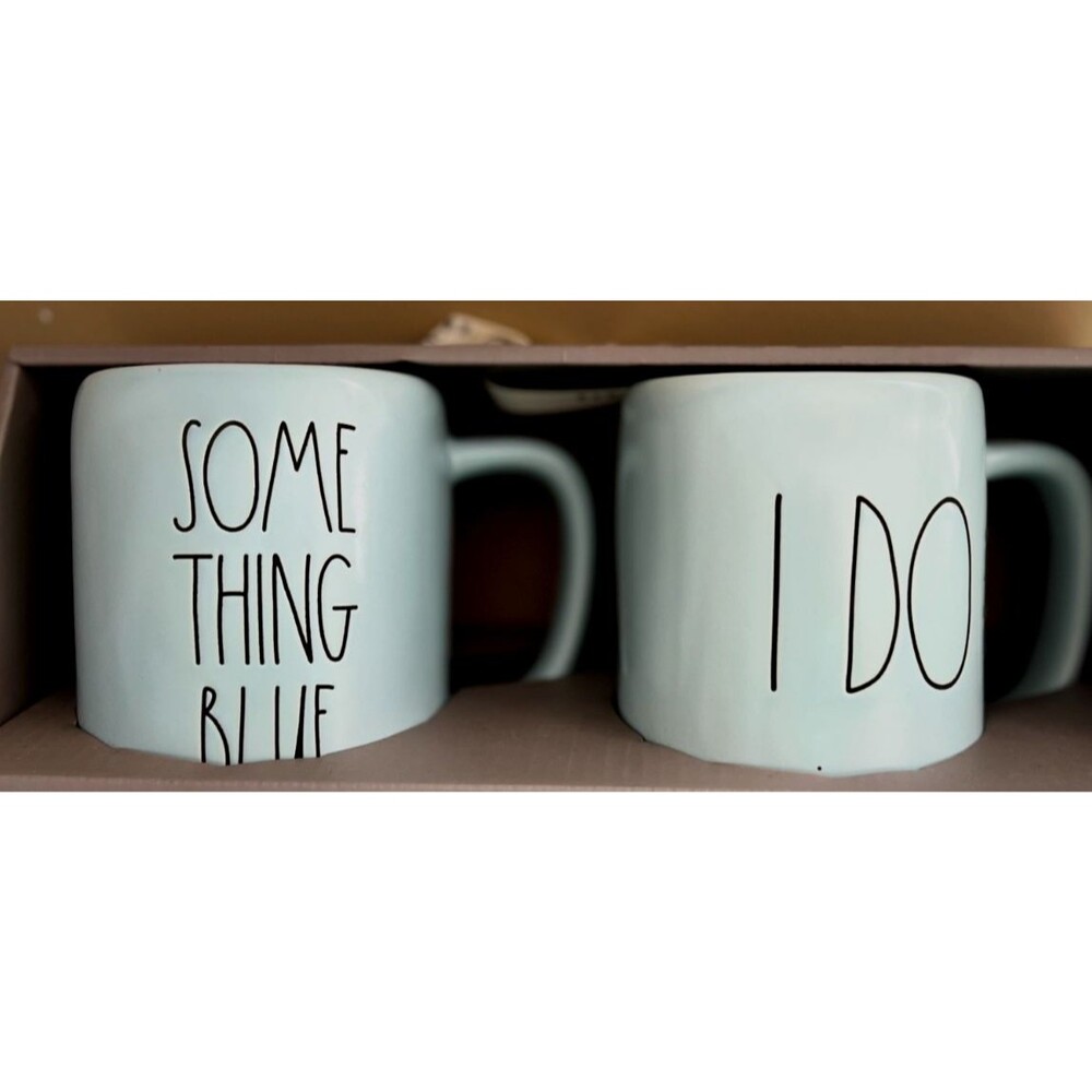Rae Dunn Wedding Collection Light Blue "SOMETHING BLUE & I DO" coffee mugs NIB